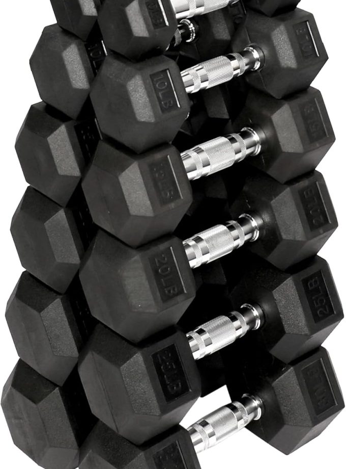 Premium Rubber Coated Hex Dumbbell Weight Set and Storage Rack, Multiple Packages